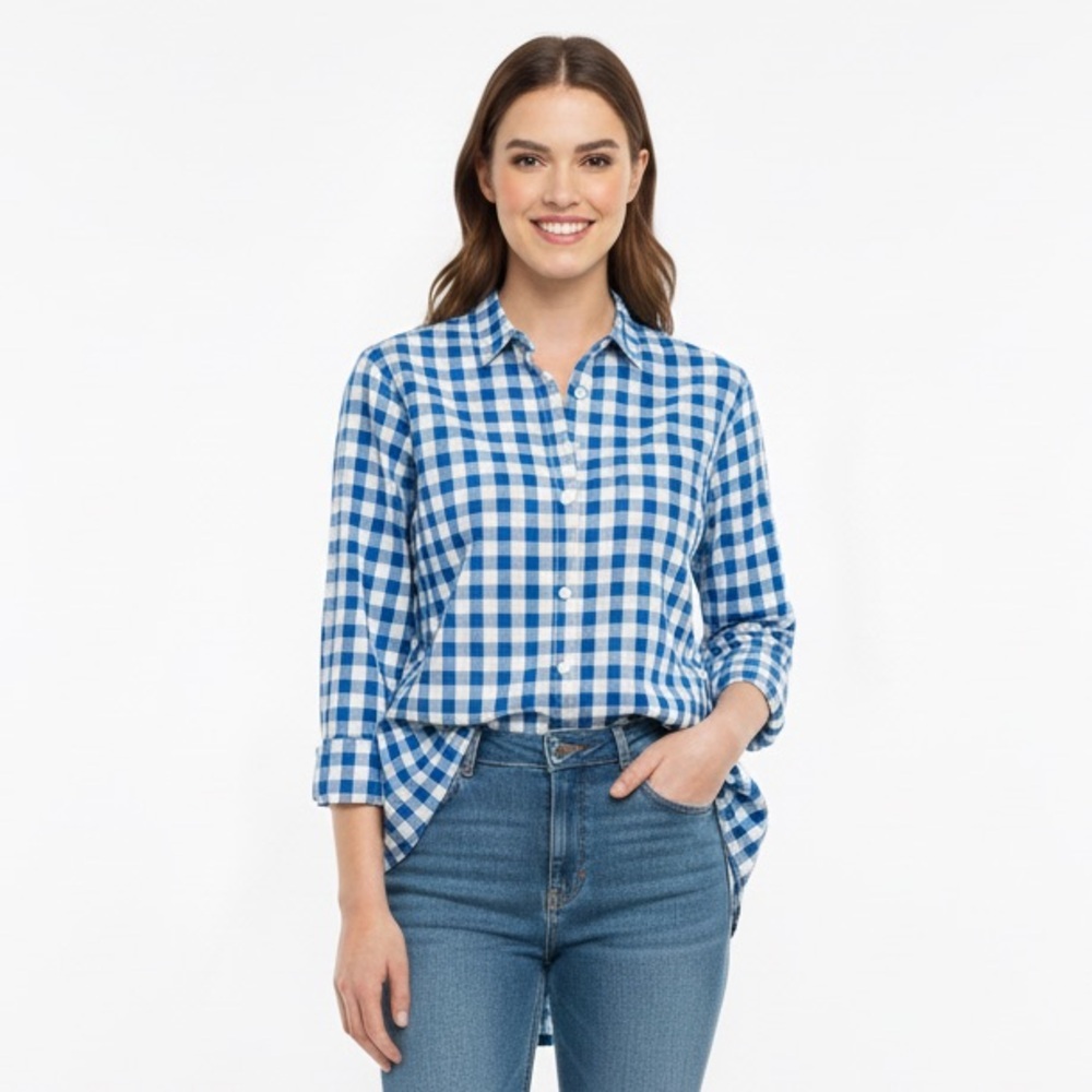 KORET Upscale Plaid Checkered Butrin Down Blouse Shirt Sz L